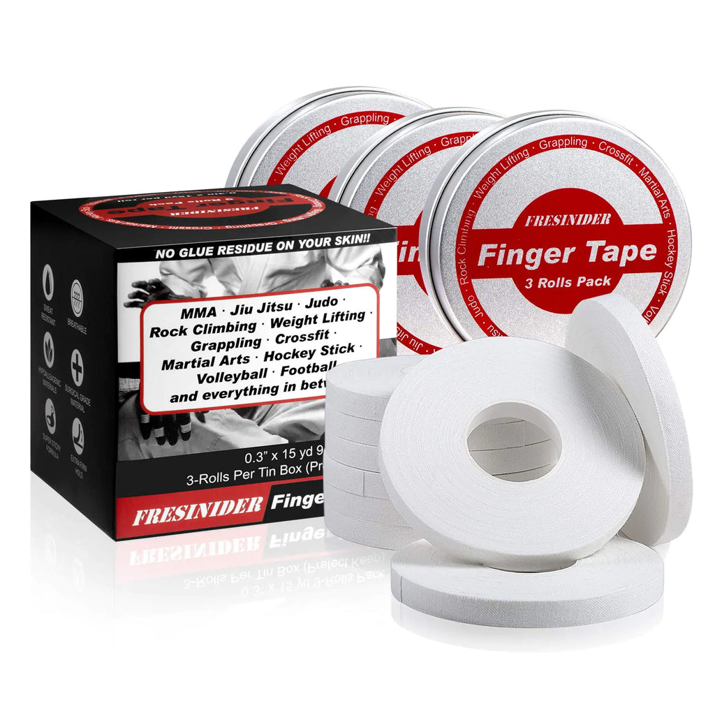 FRESINIDER Finger Tape - | 0.3” x 45 Feet (9 Pack) Tin Set | No Sticky Residue | for Rock Climbing BJJ Jiu Jitsu Grappling Judo MMA Rock Climbing and Martial Arts (White)
