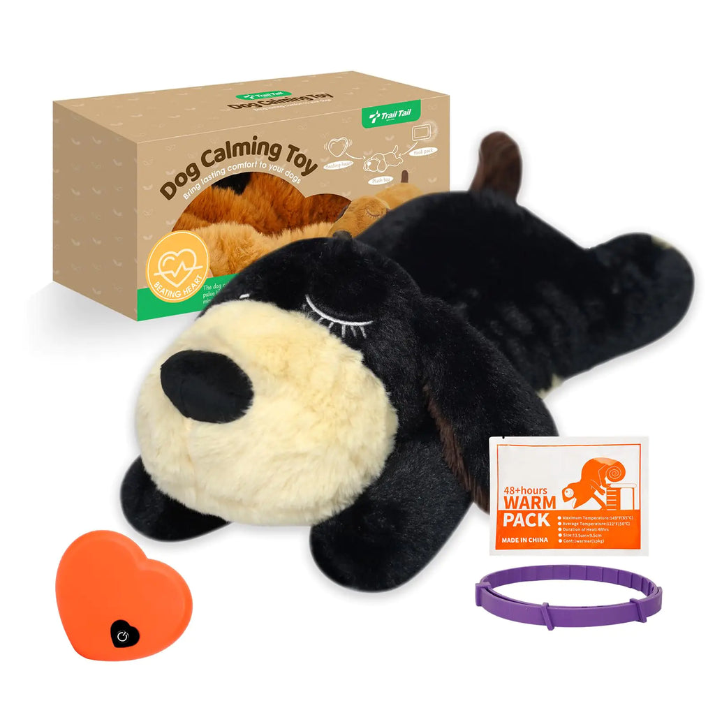 Trail Tail Dogs Calming Toy with Heartbeat Dog Anxiety Relief Calming AidAnxiety Relief for Dogs CalmingBox Included a pet Calming Collars48h Warm PackPlush Puppy ToyHeartbeat Toy(Black)